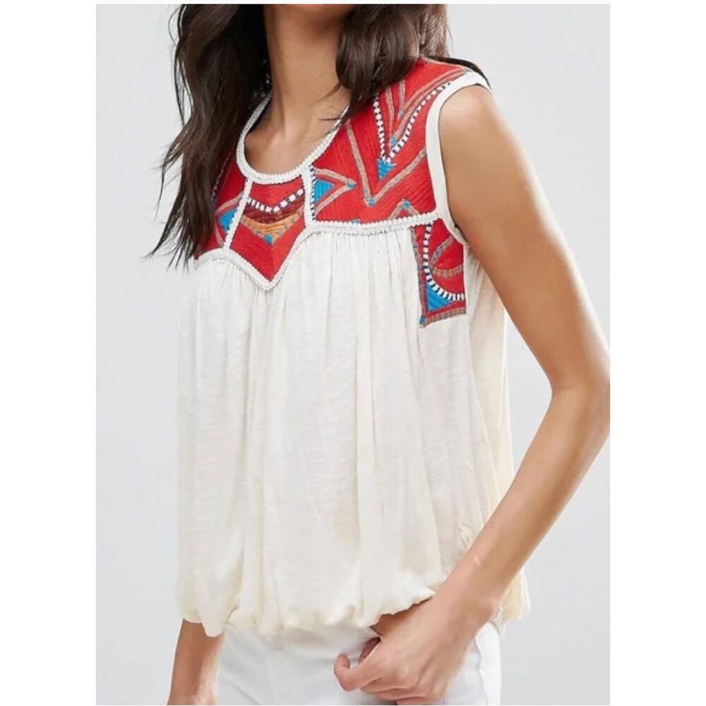 Free People Chevron Embroidered Disco Top Red-White Size xsmall